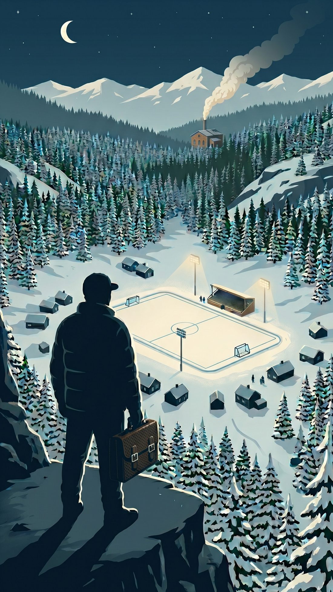 En man med portfölj ser ut över en snöig bandyplan mellan granarna på en bruksort