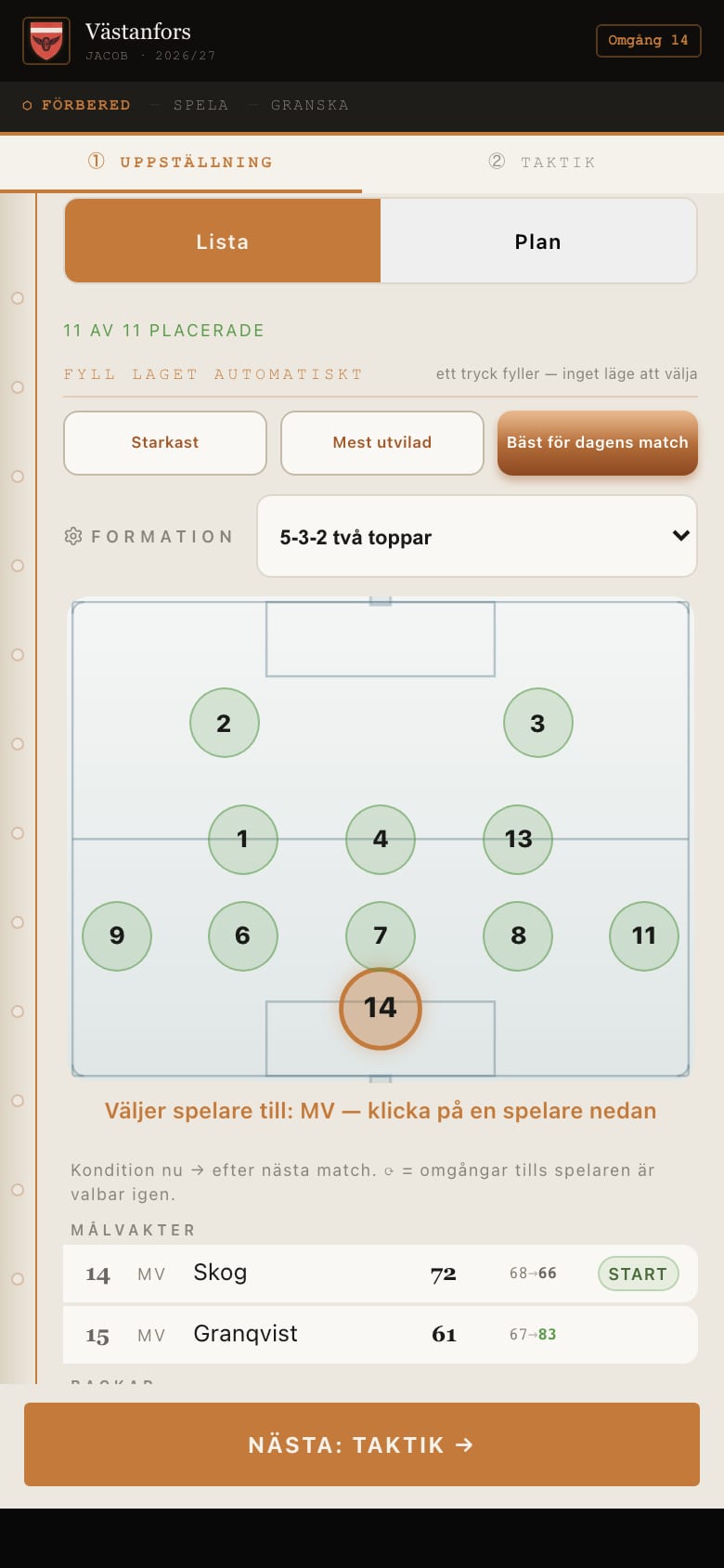 Laguttagningen med en spelare öppen