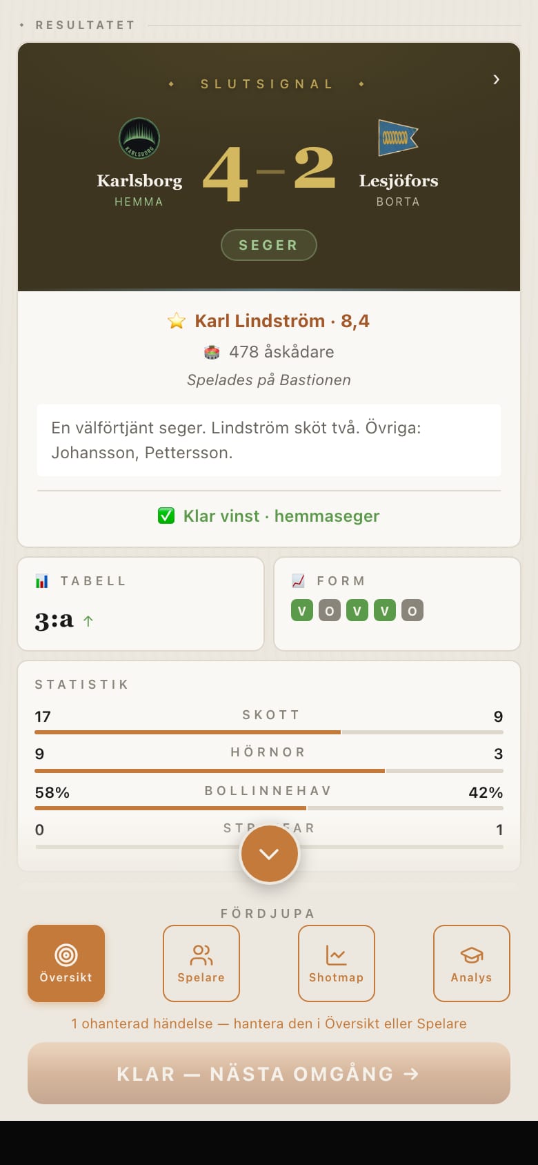 Matchrapporten med tabellen under